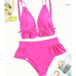NWOT SHEIN Neon Pink High Waisted Ruffle Bikini Set Sz XL